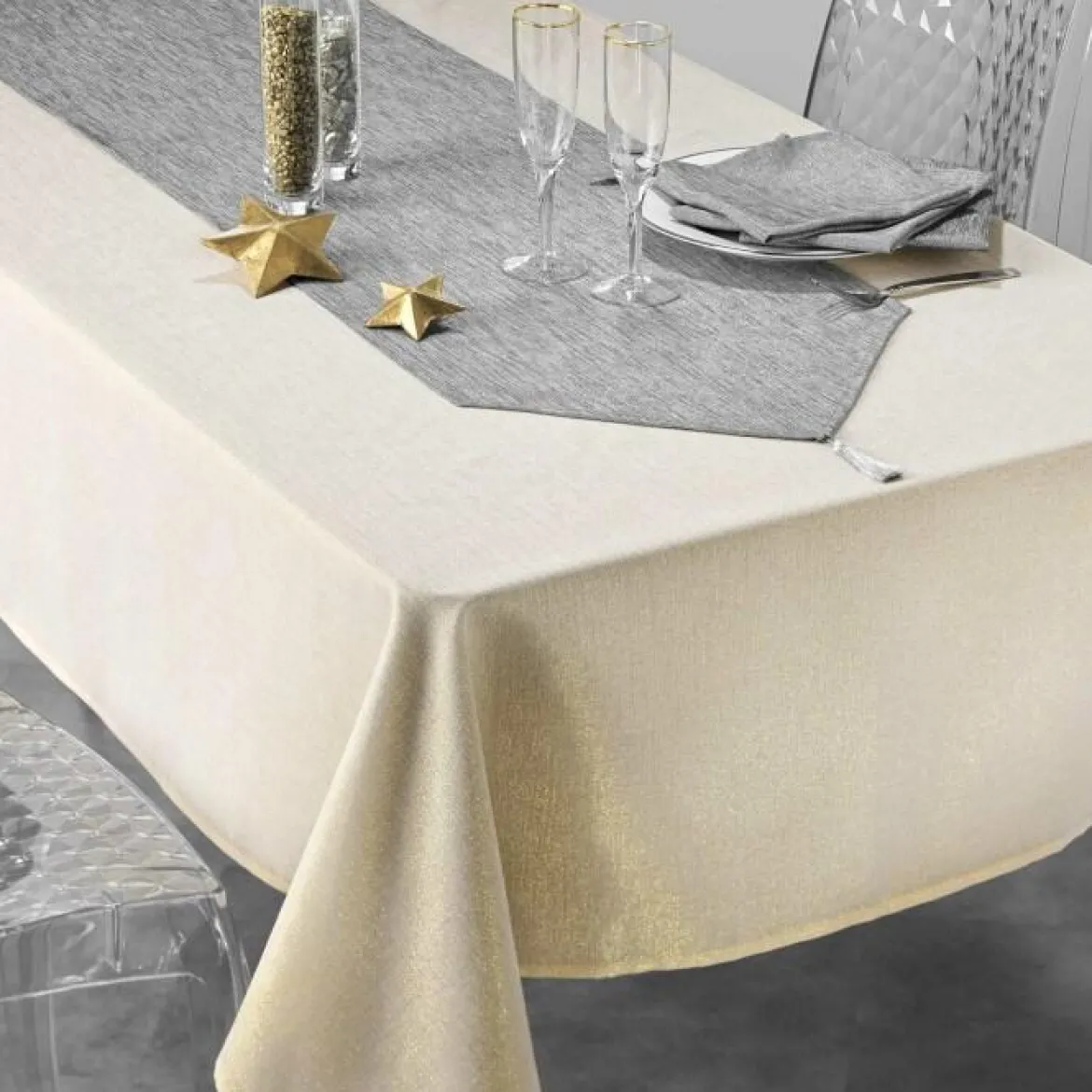 NAPPE 140X240 CM POLYESTER UNI METALLISE SILVERY LIN OR