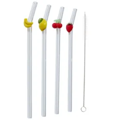 PAILLE EN VERRE FORME FRUIT X4 AVEC GOUPILLON