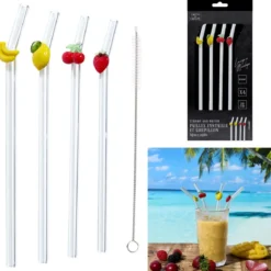 PAILLE EN VERRE FORME FRUIT X4 AVEC GOUPILLON