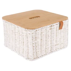 PANIER PAPIER METAL COUVERCLE BAMBOU 27X27X16CM BLANC