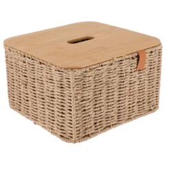 PANIER PAPIER METAL COUVERCLE BAMBOU 27X27X16CM NATUREL