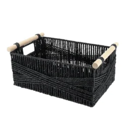 PANIER RECTANGLE PAPIER POIGNEE BOIS 34X23.5X14CM NOIR