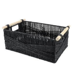 PANIER RECTANGLE PAPIER POIGNEE BOIS 39X27X15.5CM NOIR