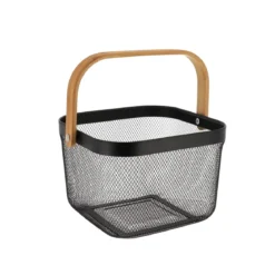 PANIER DE RANGEMENT CARRE METAL POIGNEE BAMBOU NOIR