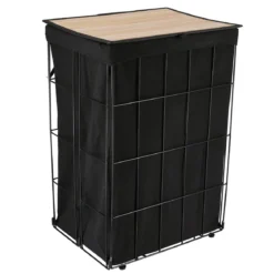 PANIERE A LINGE METAL PLIABLE COUVERCLE BAMBOU TISSU NOIR