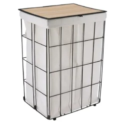 PANIERE A LINGE METAL PLIABLE COUVERCLE BAMBOU TISSU NATUREL