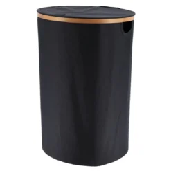 PANIERE A LINGE RONDE PLIABLE AVEC COUVERCLE BAMBOU NOIR