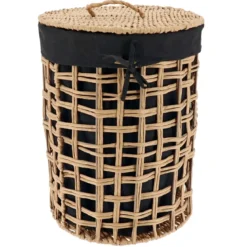 PANIERE A LINGE RONDE 35X48CM NATUREL TISSU NOIR