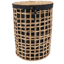 PANIERE A LINGE RONDE 40X56CM NATUREL TISSU NOIR