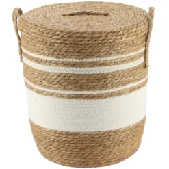 PANIERE COUVERCLE PAILLE COTON 37X43CM NATUREL BLANC