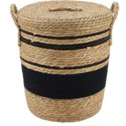 PANIERE COUVERCLE PAILLE COTON 32X38CM NATUREL NOIR