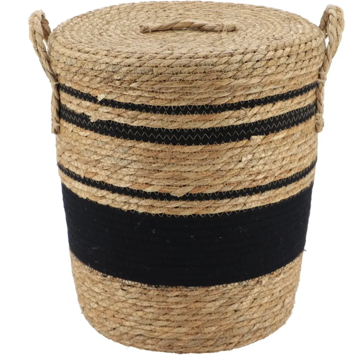 PANIERE COUVERCLE PAILLE COTON 32X38CM NATUREL NOIR