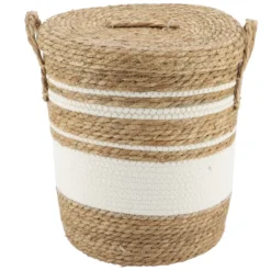 PANIERE COUVERCLE PAILLE COTON 32X38CM NATUREL BLANC