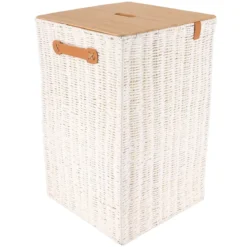 PANIERE LINGE PAPIER METAL COUVERCLE BAMBOU 33X33X53CM BLANC
