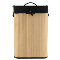 PANIERE LINGE RECTANGLE PLIABLE BAMBOU TISSU LIN NOIR