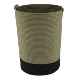 PANIERE LINGE RONDE GRAND MODELE COTON 50X37CM KAKI NOIR