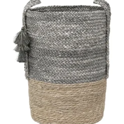 PANIERE MATIERE VEGETALE POMPONS D.37X50CM NATUREL GRIS