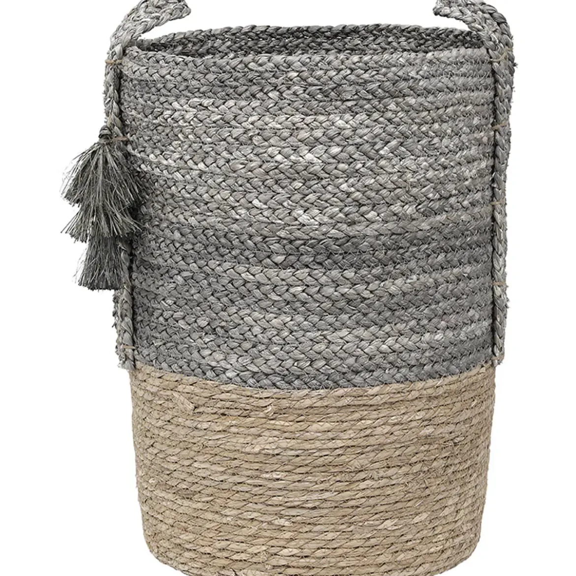 PANIERE MATIERE VEGETALE POMPONS D.37X50CM NATUREL GRIS