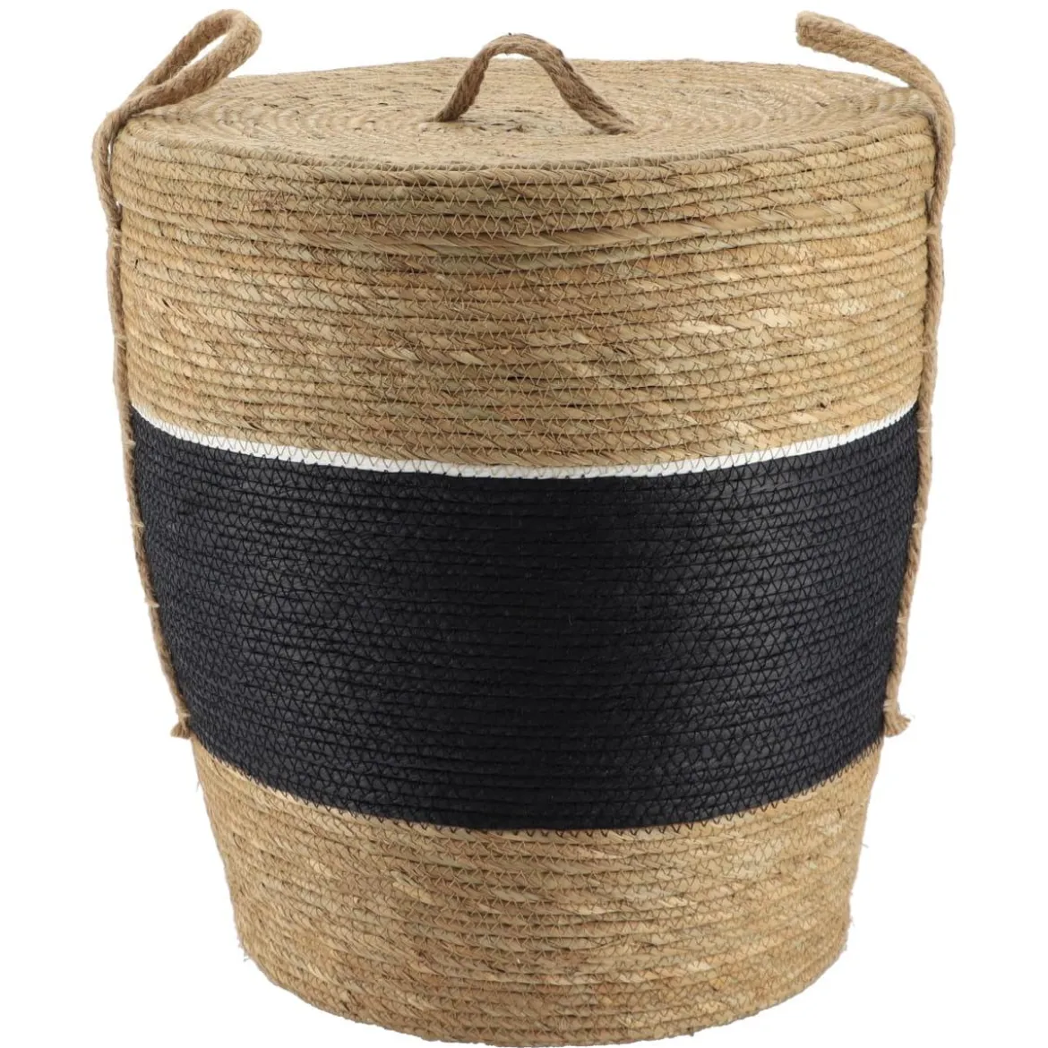 PANIERE PAPIER ET PAILLE AVEC COUVERCLE 42X48CM NOIR NATUREL