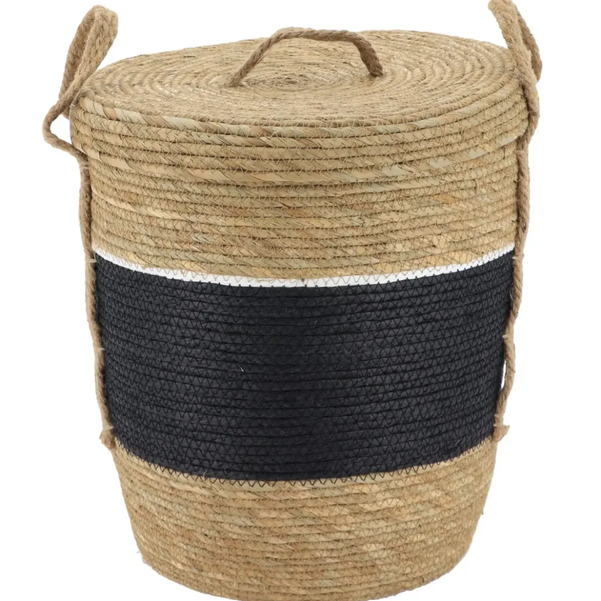 PANIERE PAPIER ET PAILLE AVEC COUVERCLE 32X38CM NOIR NATUREL