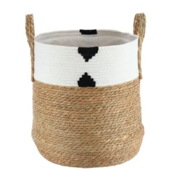 PANIERE RONDE COTON ET JONC DE MER 37X43CM NAT ET BLANC