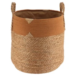 PANIERE RONDE COTON ET JONC DE MER S 42X48CM NAT ET CAMEL