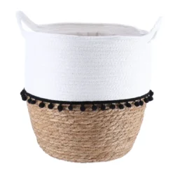 PANIERE RONDE DECO POMPONS D.32X38CM BLANC NATUREL