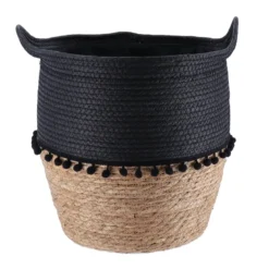 PANIERE RONDE DECO POMPONS D.32X38CM NOIR NATUREL