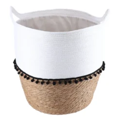PANIERE RONDE DECO POMPONS D.37X43CM BLANC NATUREL