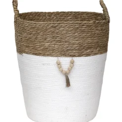 PANIERE RONDE MATIERE VEGETALE DECO D.45X40CM NATUREL BLANC
