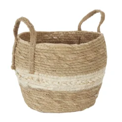 PANIER FIBRE VEGETAL ANSE ET BANDE BEIGE 25X19CM