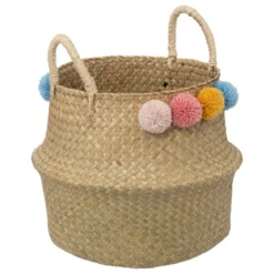 PANIER PLIABLE ROSEAU POMPONS D.33CM