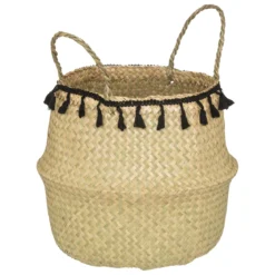 PANIER PLI POMPONS NOIR ALINA D.30X37CM