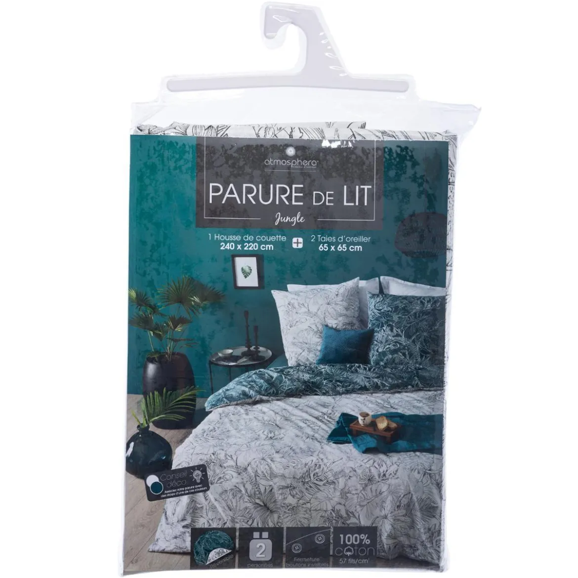 PARURE IMPRIMEE JUNGLE NOIR ET BLANC 240X220CM