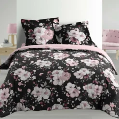 PARURE 3P 240X220 PERCALE 78 FILS ALLOVER VELVET FLOWER NOIR