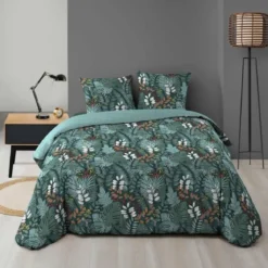 PARURE 240X220CM MICROFIBRE IMPRIMEE ALLOVER CALAOS VERT