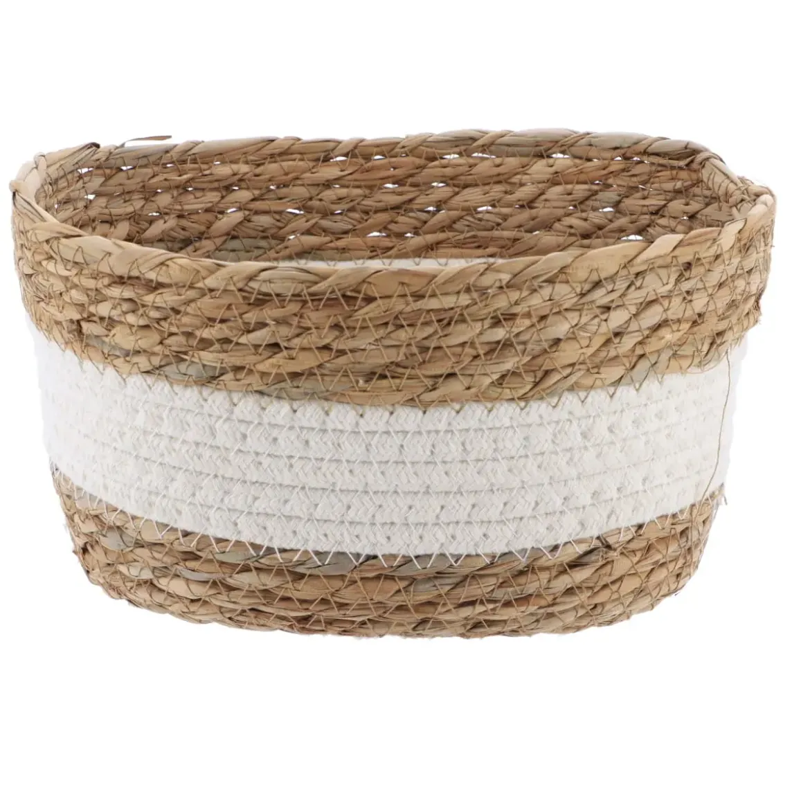 PETIT PANIER PAILLE ET COTON 23.5X16X12CM NATUREL BLANC