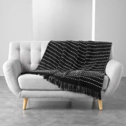 PLAID FRANGES 125X150CM COTON TISSE CAYENNE NOIR