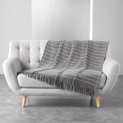 PLAID FRANGES 125X150CM COTON TISSE CAYENNE GRIS