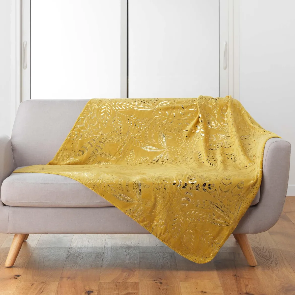 PLAID 125X150CM FLANELLE METALLISEE BELFLOR JAUNE OR
