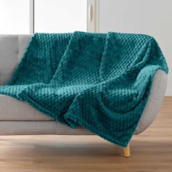 PLAID 125X150CM FLANELLE RELIEF UNIE MINI FROSTY BLEU