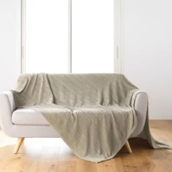 PLAID 180X220CM FLANELLE RELIEF UNIE ARYA TAUPE