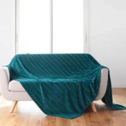 PLAID 180X220CM FLANELLE RELIEF UNIE ARYA BLEU