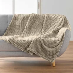 PLAID 125X150CM FLANELLE RELIEF UNIE MINI FROSTY TAUPE
