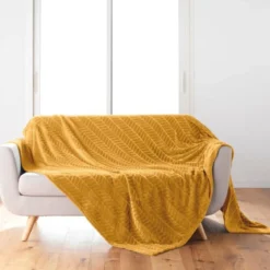 PLAID 180X220CM FLANELLE RELIEF UNIE ARYA OCRE