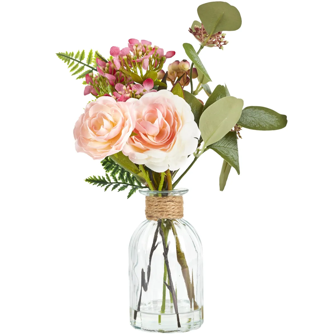 PLANTE ARTIFICIELLE ROSE VASE VERRE ET CORDE