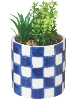POT FLEUR ARTIFICIELLE DAMIER DOLOMITE BLEU 10X10X16CM