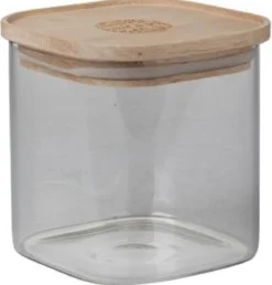 POT VERRE CARRE EMPILABLE COUVERCLE BOIS GRAVE H.10CM