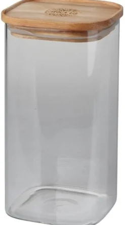 POT VERRE CARRE EMPILABLE COUVERCLE BOIS GRAVE H.20CM