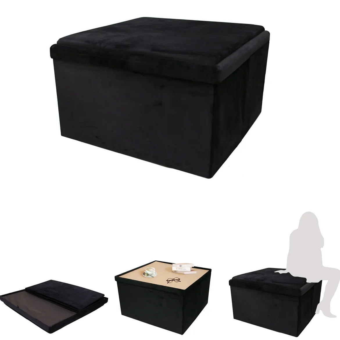 POUF PLIABLE 3 EN 1 TABLE POUF COFFRE NOIR 76X76